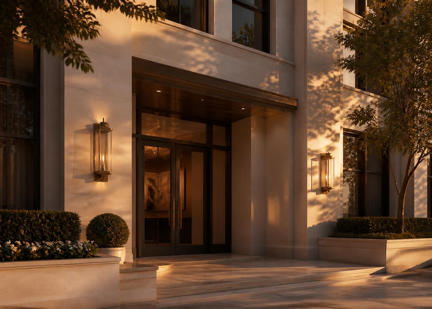 Warm evening light on a professional office building entry