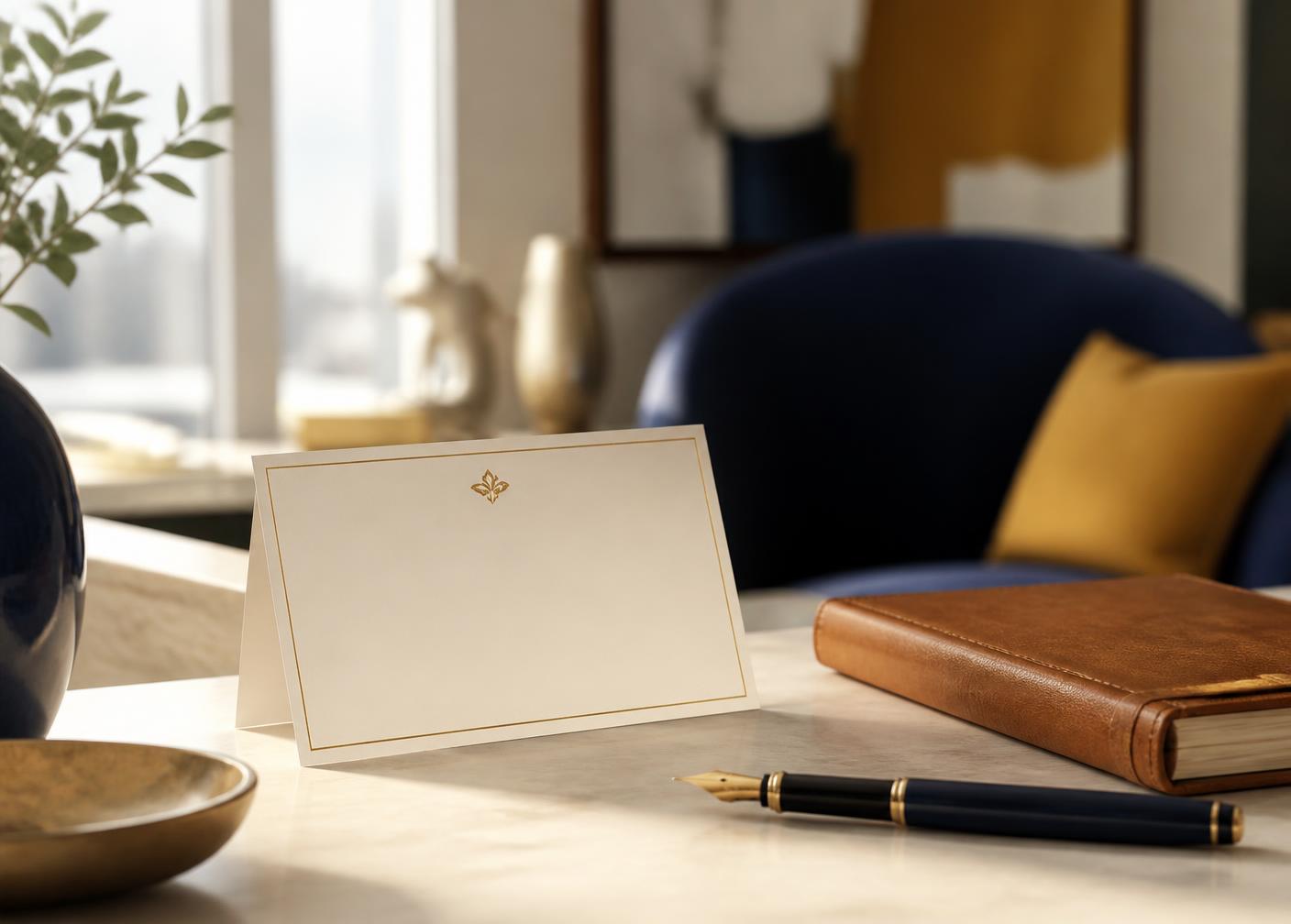 Appointment card, notebook and fountain pen in warm office light